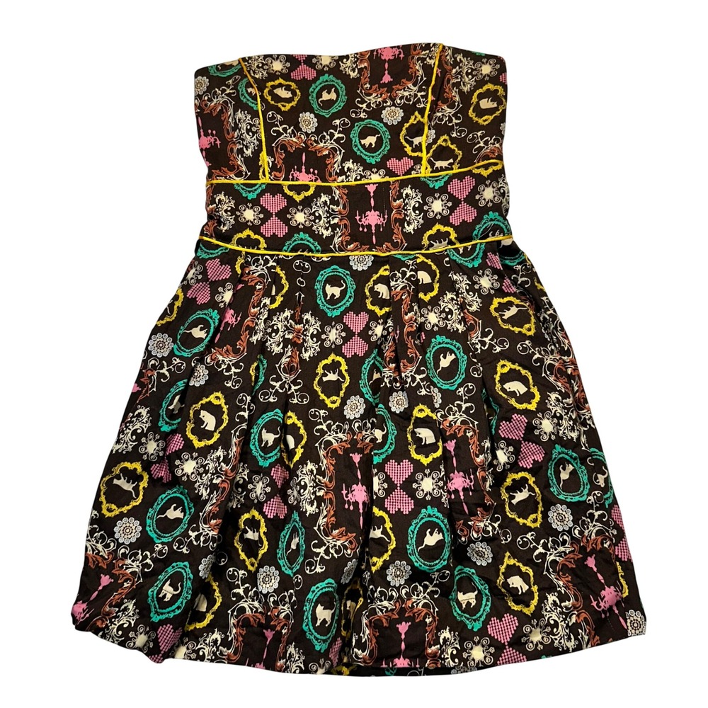 FROM Strapless Cat Portrait Print Dress Womens S Brown Quirky Whimsical Kitsch